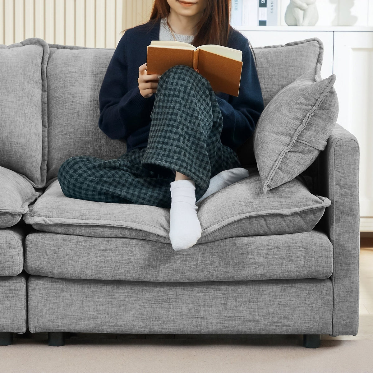 Anthony & Home Luxe Chenille Atelier Modular Sectional Sofa with plush cushions and modern design, shown in a spacious living room.