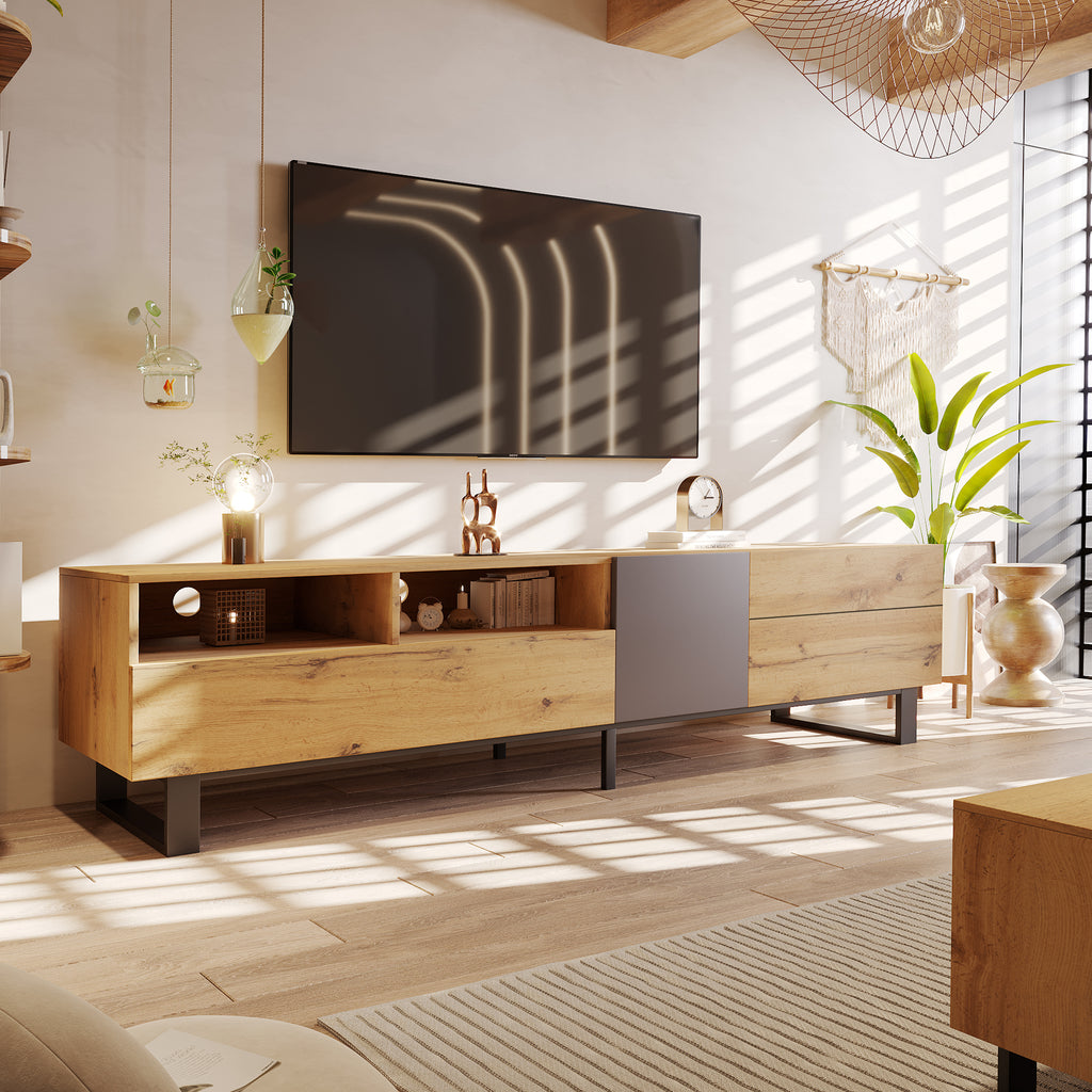 Anthony & Home Luxe Collection limited wood media console with grey accents, featuring sleek storage and modern design.