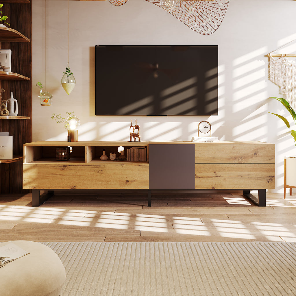 Anthony & Home Luxe Collection limited wood media console with grey accents, showcasing a sleek modern design and ample storage space.