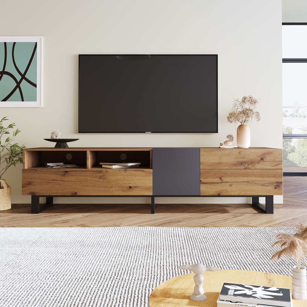 Anthony & Home Luxe Collection limited wood media console with grey accents, featuring sleek design and modern storage compartments.