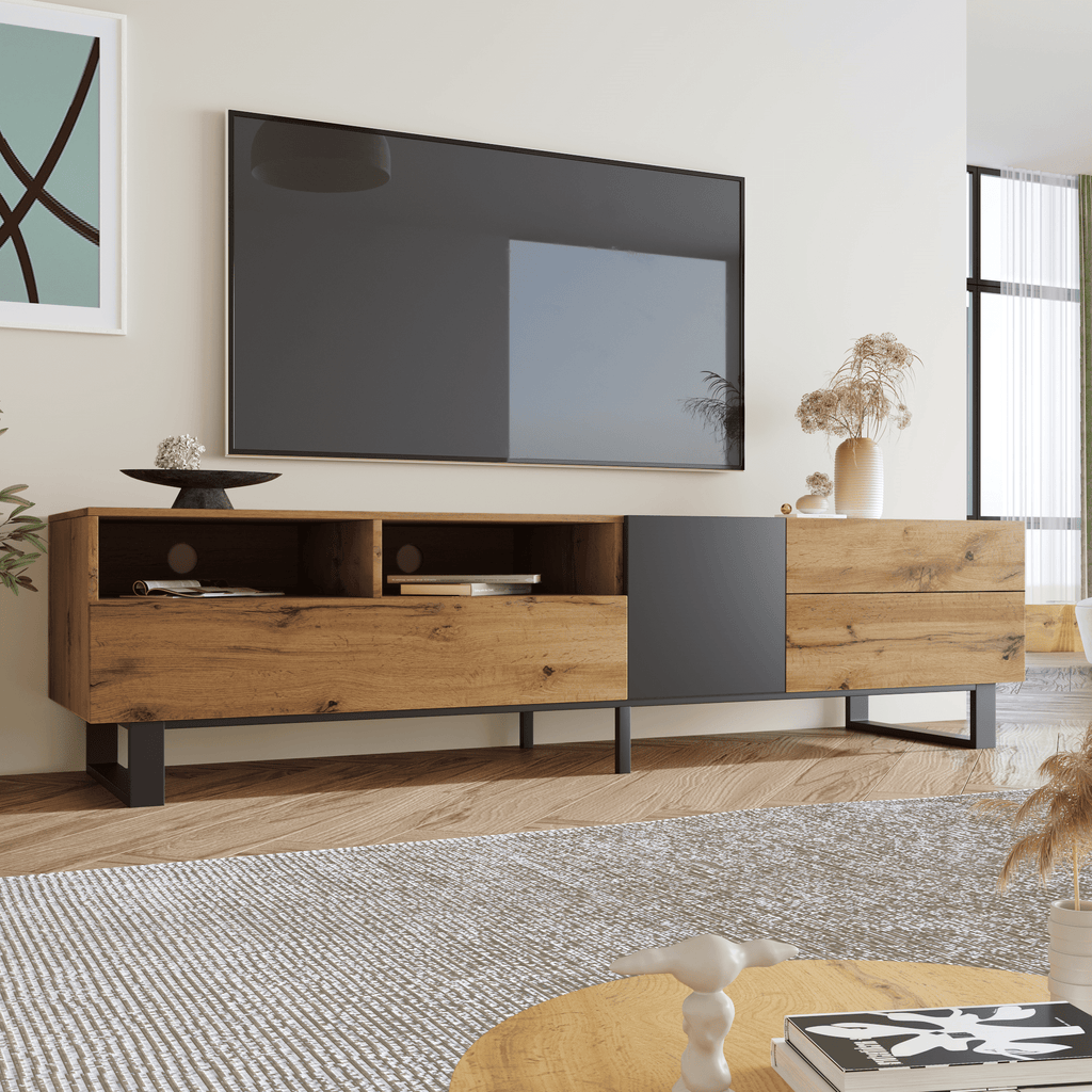 Anthony & Home Luxe Collection wood media console with grey accents, featuring sleek design and ample storage space.
