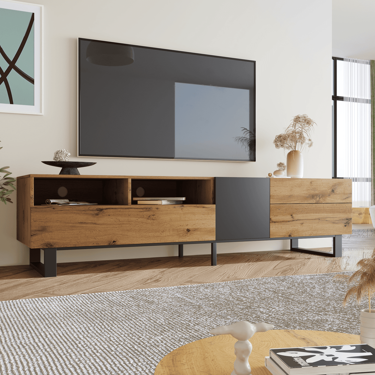 Anthony & Home Luxe Collection wood media console with grey accents, featuring sleek design and ample storage space.