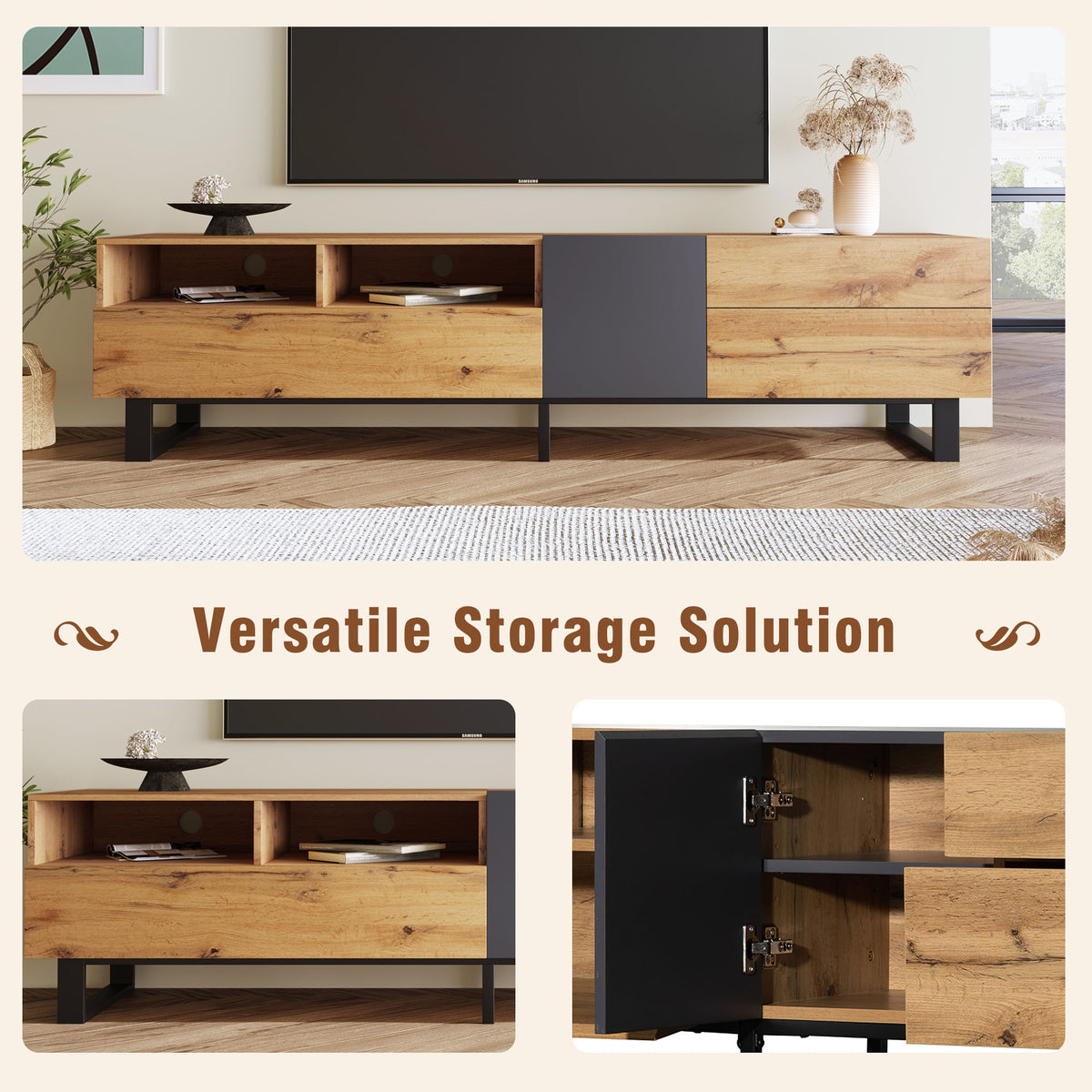 Anthony & Home Luxe Collection limited wood media console with grey accent, featuring sleek design and ample storage space.