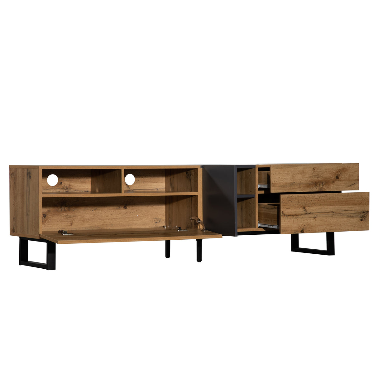 Anthony & Home Luxe Collection wood media console with grey accents, showcasing sleek modern design and storage compartments.