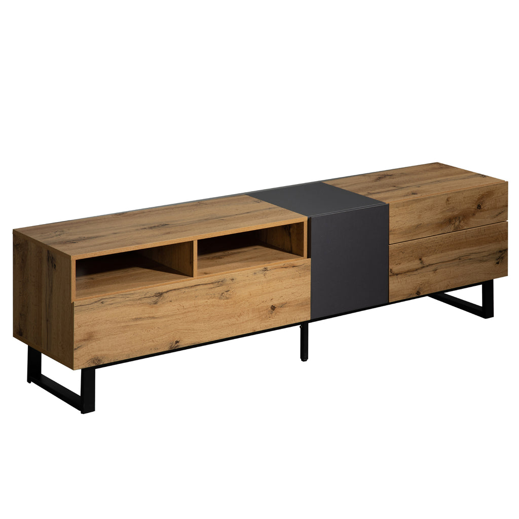 Luxe Collection limited wood media console with grey accents by Anthony & Home, featuring sleek modern design and multiple storage compartments.