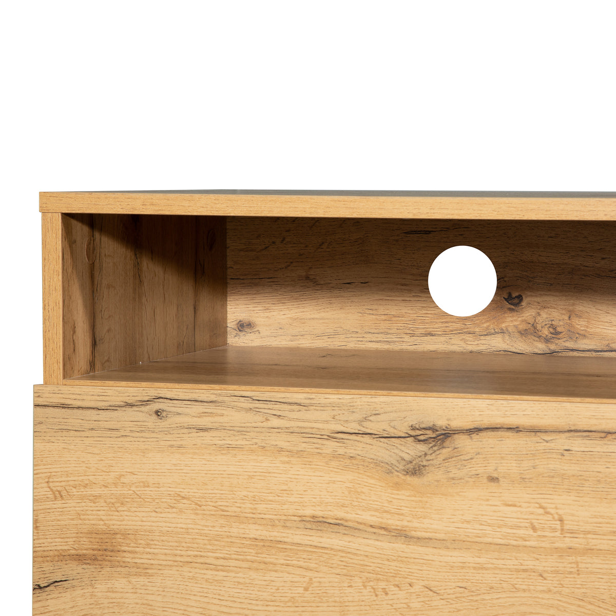 Anthony & Home Luxe Collection limited wood media console with grey accents, featuring sleek storage compartments and modern design.