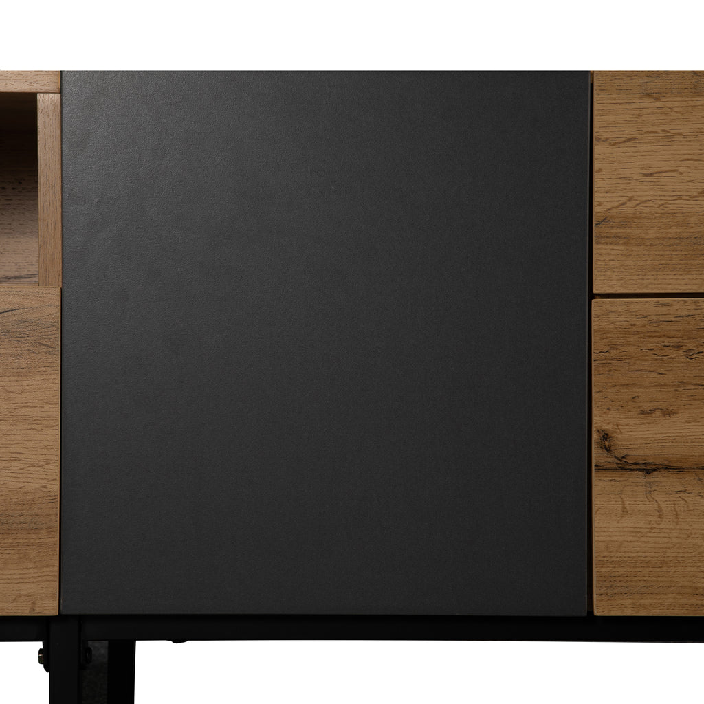 Wood media console from Anthony & Home Luxe Collection with grey accents, featuring sleek design and ample storage space.