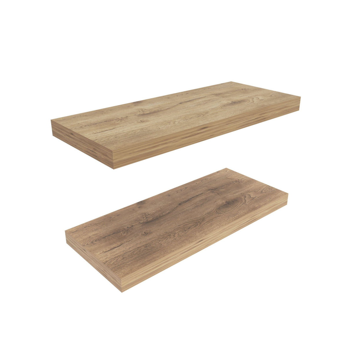 Macadamia Edition solid wood two-shelf floating shelves by Anthony & Home mounted on a wall, showcasing a sleek, natural wood finish.