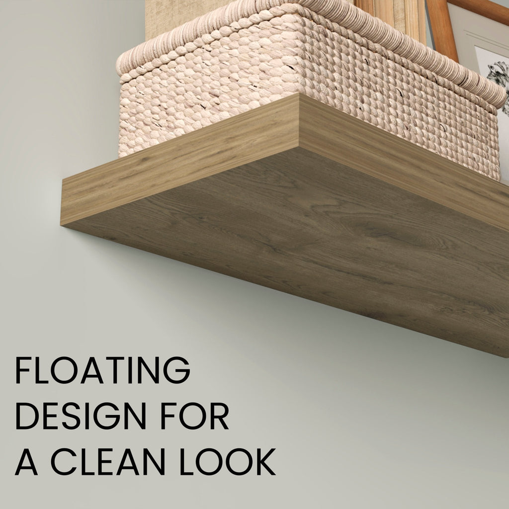 Macadamia Edition solid wood two-shelf floating shelves by Anthony & Home mounted on a wall in a modern living space