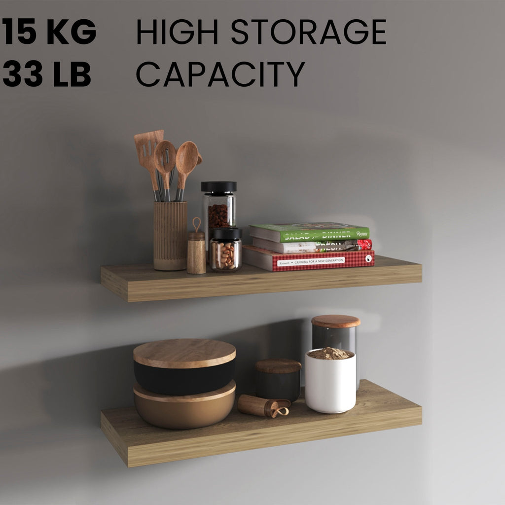 Macadamia Edition solid wood floating shelves by Anthony & Home, two-shelf wall-mounted storage with a natural wood finish.