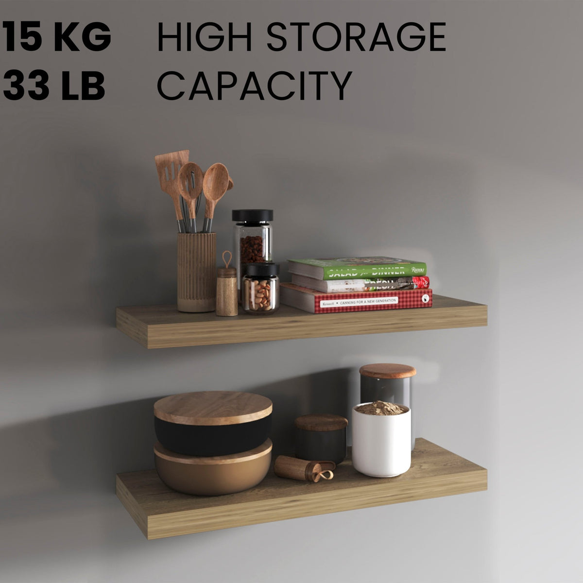 Macadamia Edition solid wood floating shelves by Anthony & Home, two-shelf wall-mounted storage with a natural wood finish.