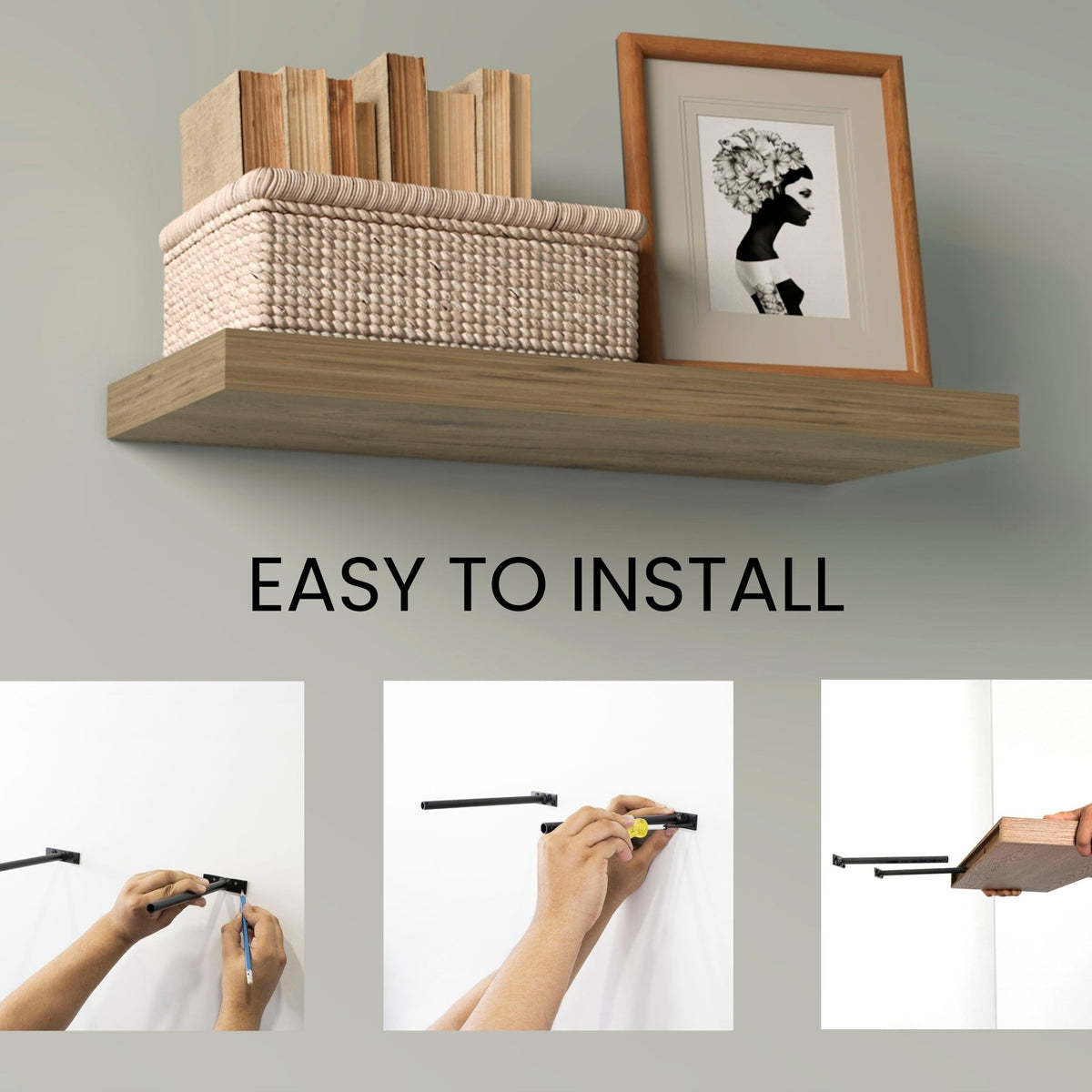 Macadamia Edition solid wood two-shelf floating shelves by Anthony & Home, showcasing natural wood grain and sleek wall-mounted design.