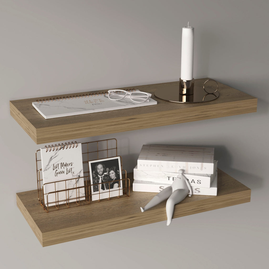Macadamia Edition solid wood two-shelf floating shelves by Anthony & Home mounted on a wall with decorative items.
