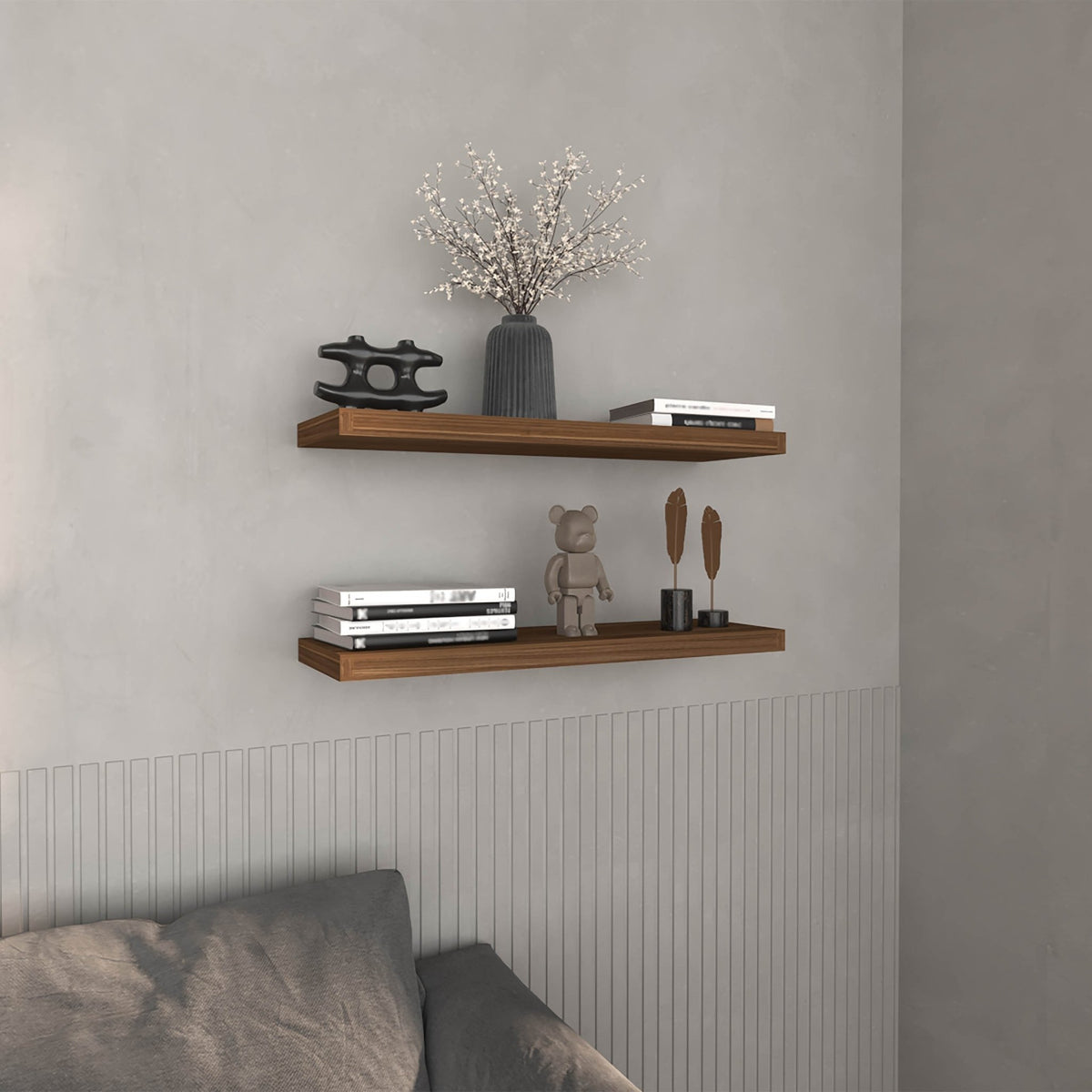 Mahogany floating shelves from Anthony & Home Heritage Collection, two-shelf wall-mounted storage with a rich wood finish.