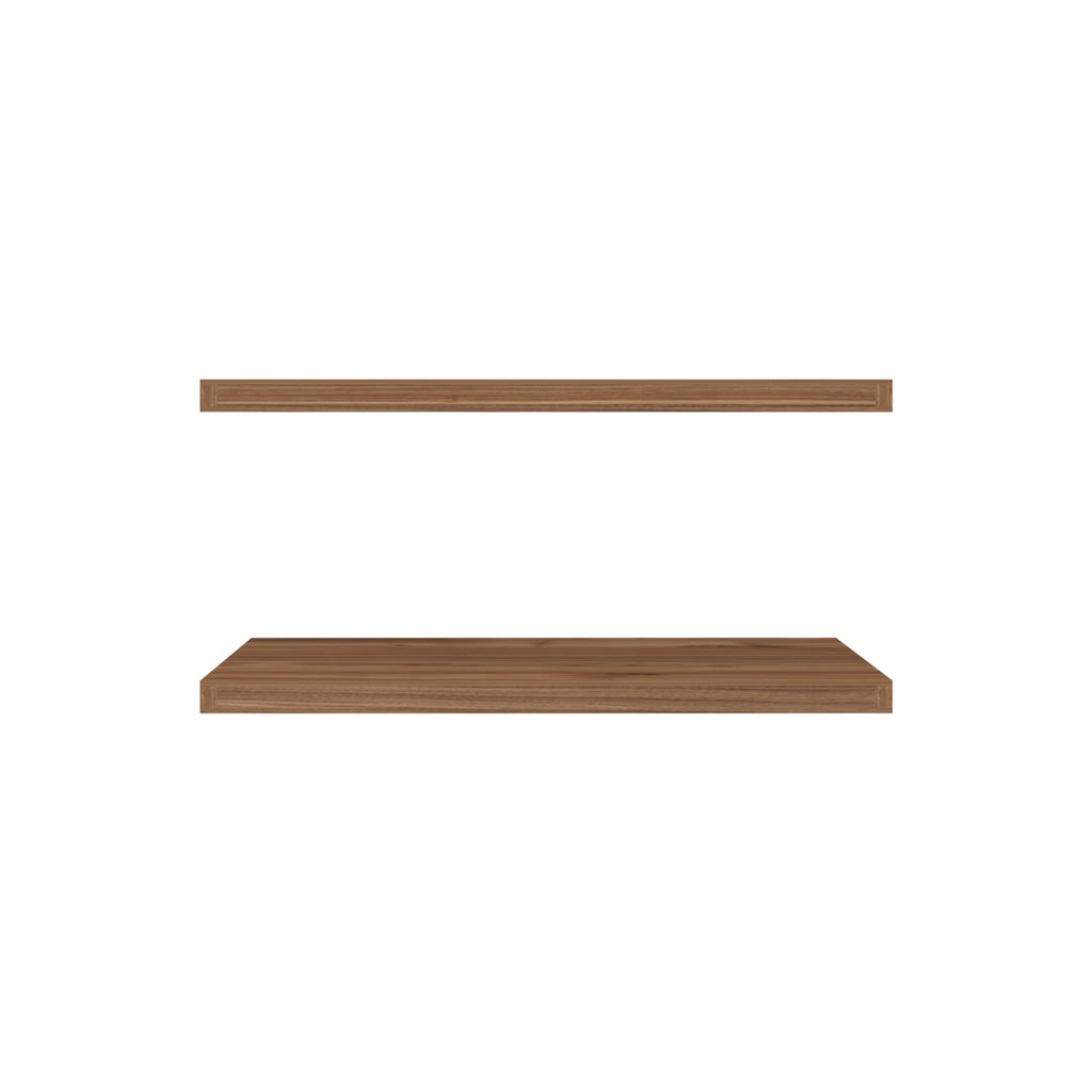 Two mahogany floating shelves from Anthony & Home Heritage Collection, wall-mounted with a sleek, natural wood finish.
