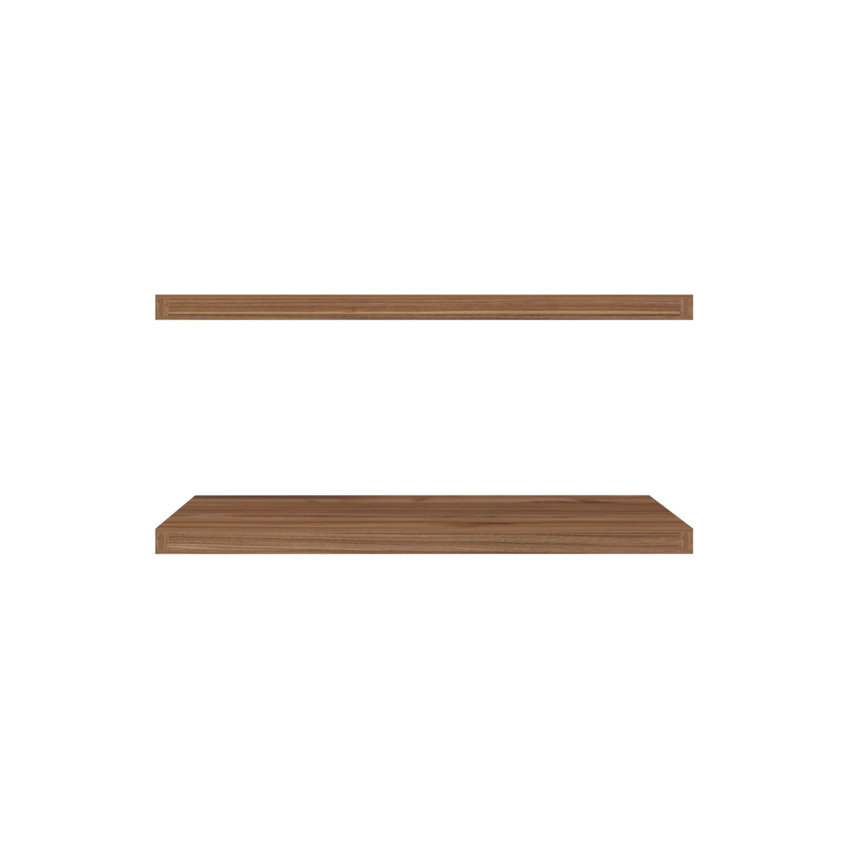 Two mahogany floating shelves from Anthony & Home Heritage Collection, wall-mounted with a sleek, natural wood finish.