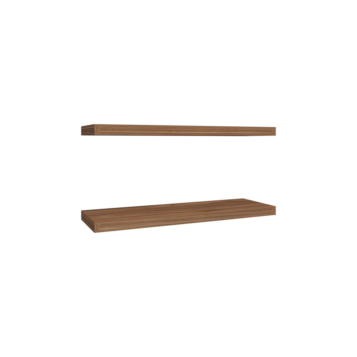 Two mahogany floating shelves from Anthony & Home Heritage Collection mounted on a wall, showcasing natural wood finish and sleek design.