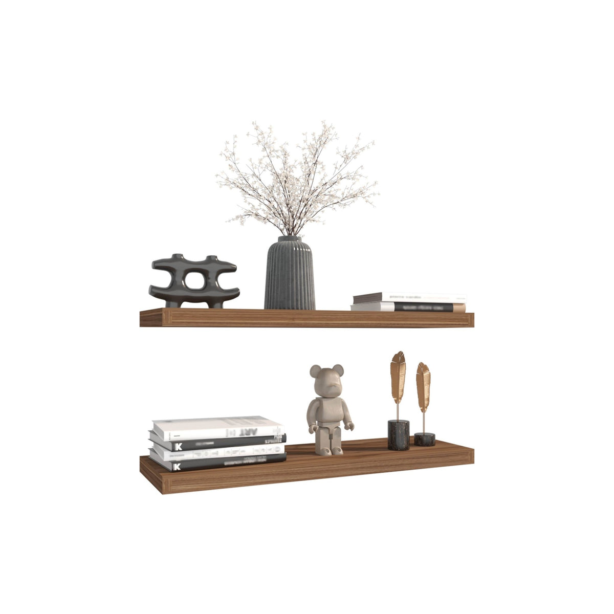 Two mahogany floating shelves from Anthony & Home Heritage Collection, showcasing sleek wall-mounted storage with a rich wood finish.