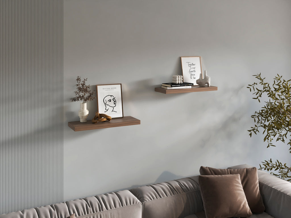 Mahogany floating shelves from Anthony & Home Heritage Collection, two-shelf wall storage with a rich, warm wood finish.
