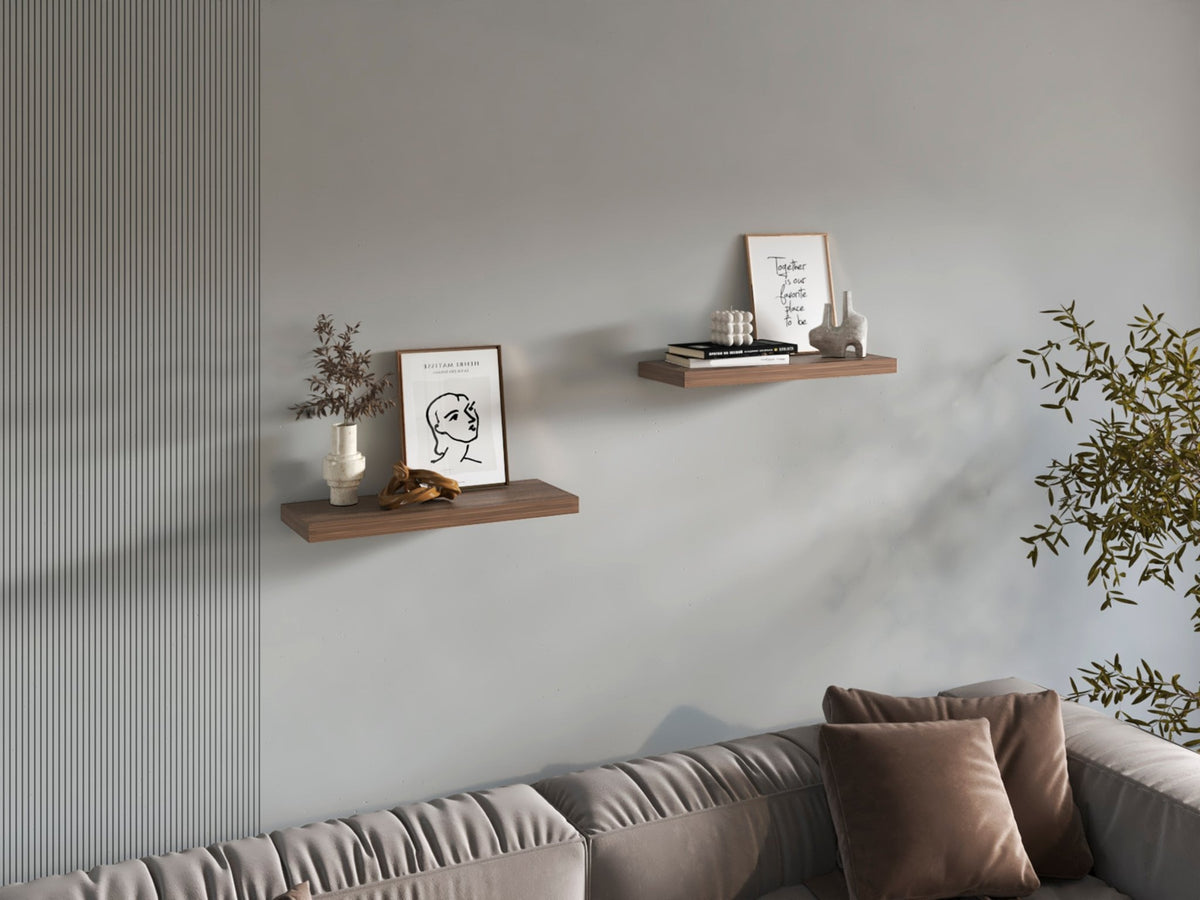 Mahogany floating shelves from Anthony & Home Heritage Collection, two-shelf wall storage with a rich, warm wood finish.