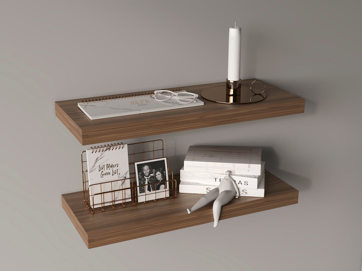 Two mahogany floating shelves from Anthony & Home Heritage Collection, showcasing natural wood grain and sleek wall-mount design.
