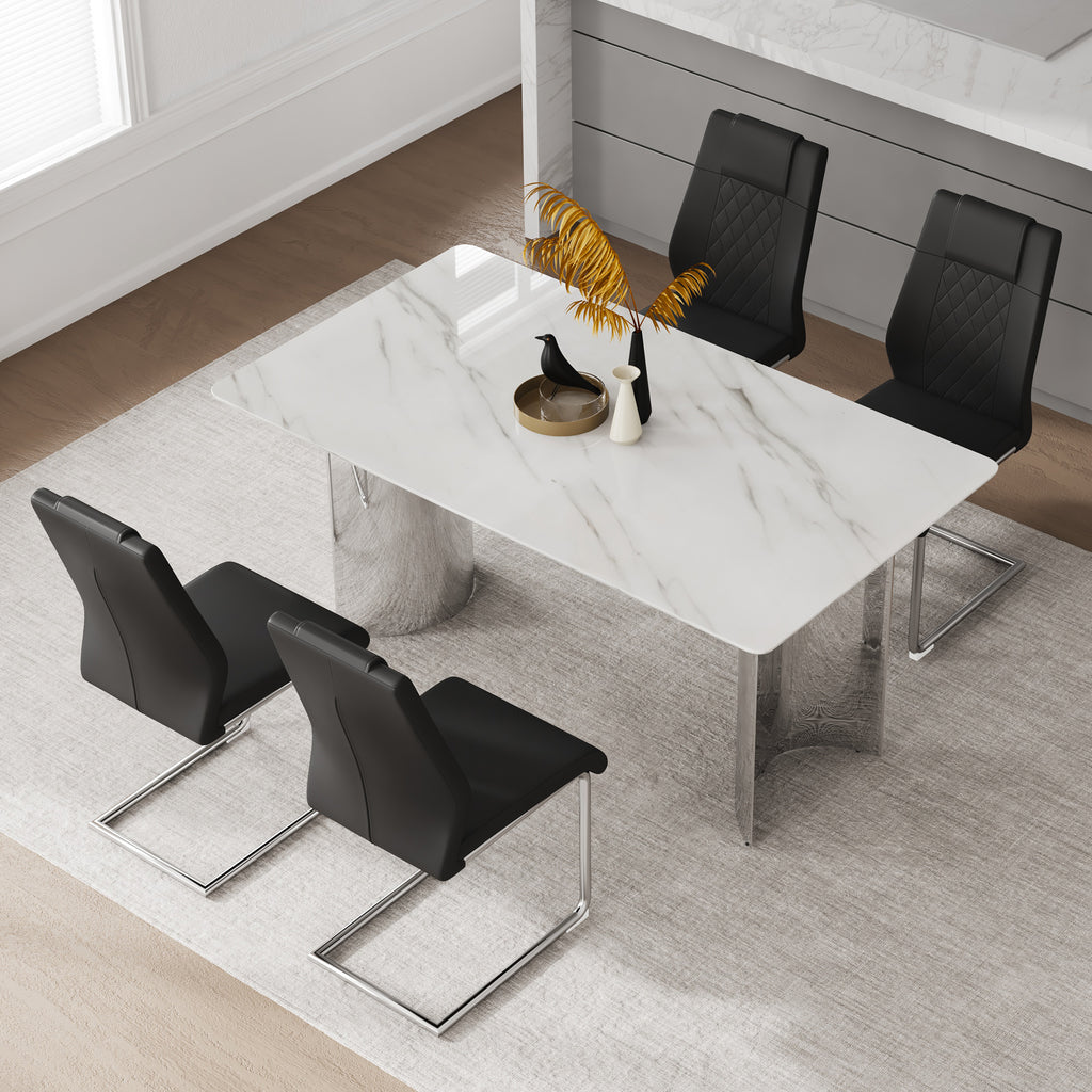 Marble glass top dining table from the Atelier collection by Anthony & Home, with sleek metal legs and modern design.