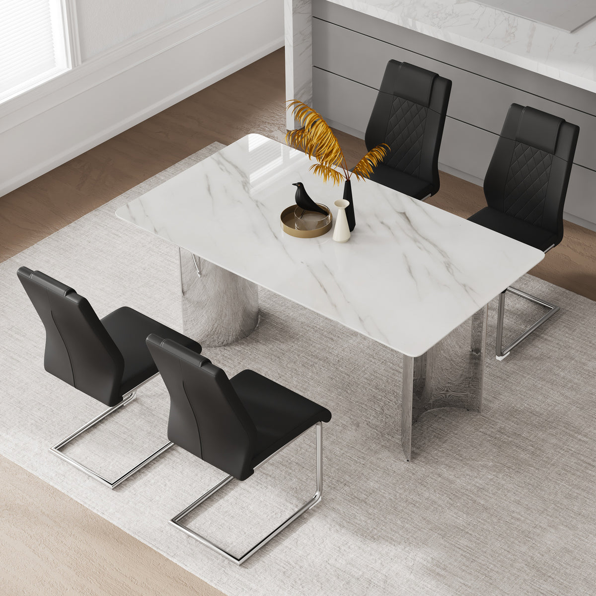 Marble glass top dining table from the Atelier collection by Anthony & Home, with sleek metal legs and modern design.