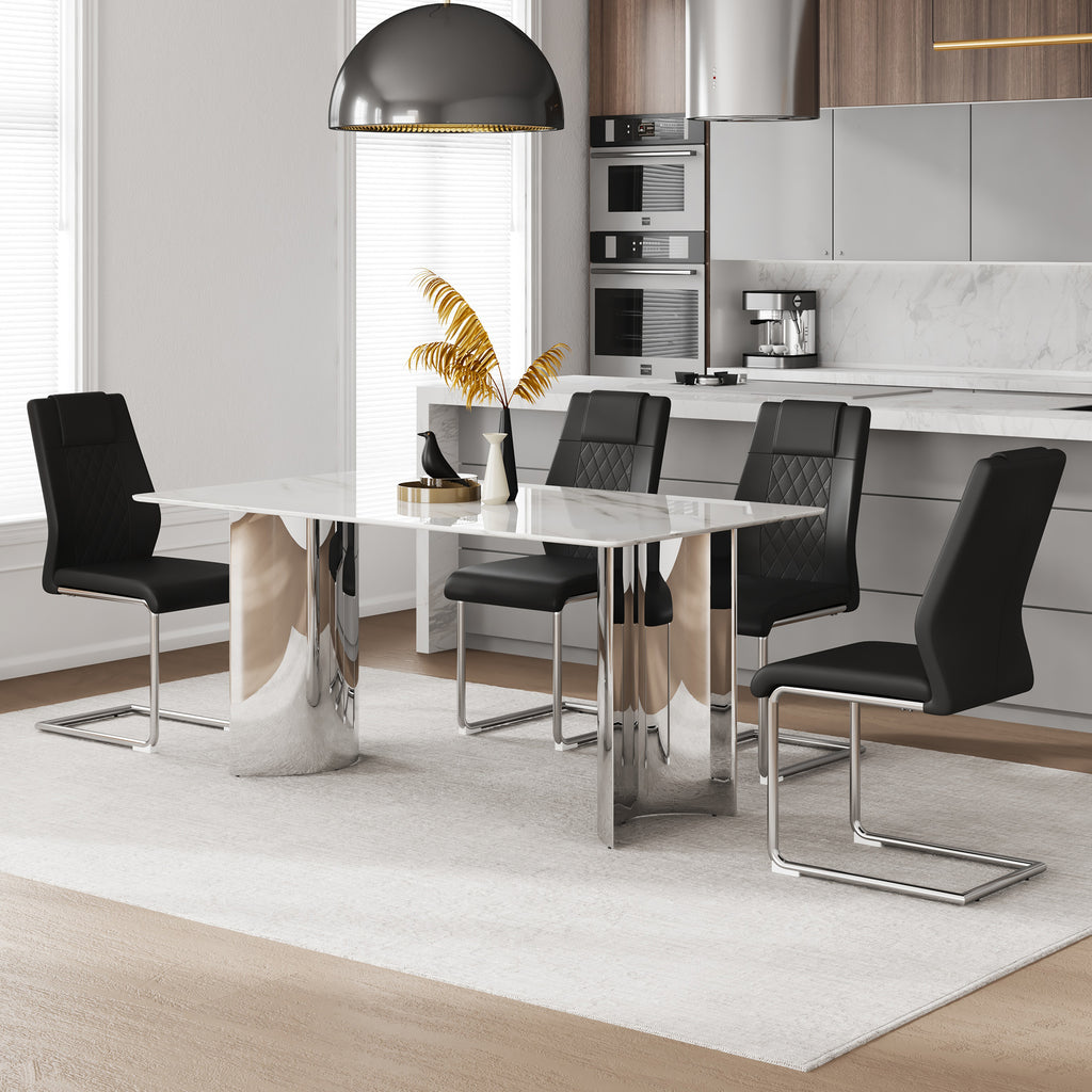 Marble glass top dining table with wooden legs and matching chairs in the Atelier dining set by Anthony & Home.