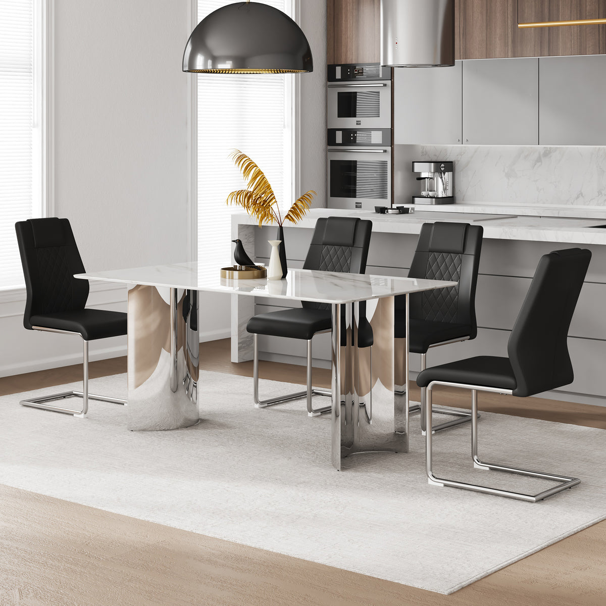 Marble glass top dining table with wooden legs and matching chairs in the Atelier dining set by Anthony & Home.