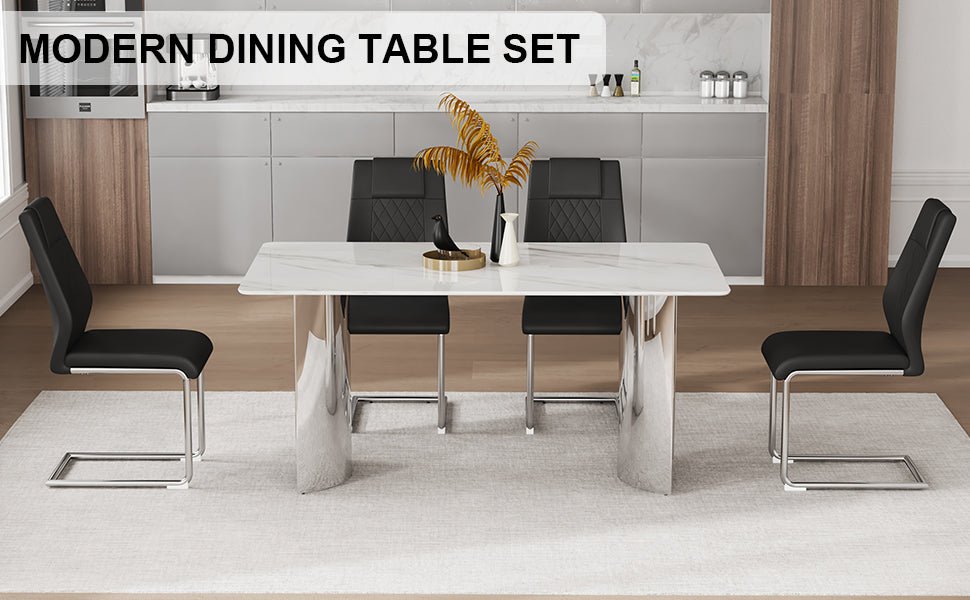 Marble glass top dining set by Anthony & Home featuring a modern table with elegant marble and glass surface, surrounded by chairs.