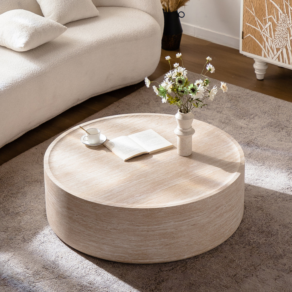 Mars Pattern Drum Coffee Table from Anthony & Home's Atelier Collection featuring a bold, artistic drum-shaped design with intricate pattern.