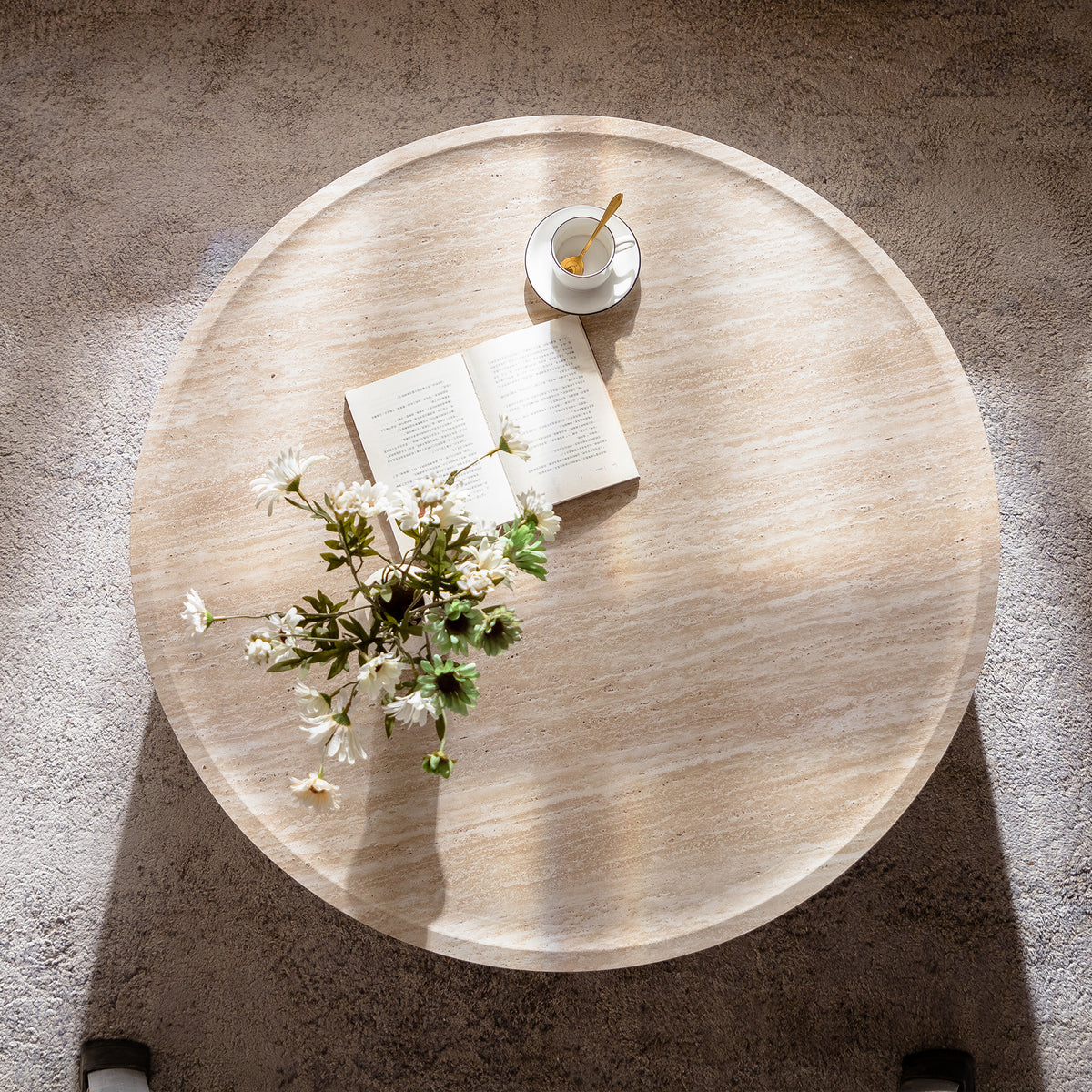 Anthony & Home Mars Pattern Drum Coffee Table from the Atelier Collection, featuring a round wooden top with a distinctive Mars pattern design.
