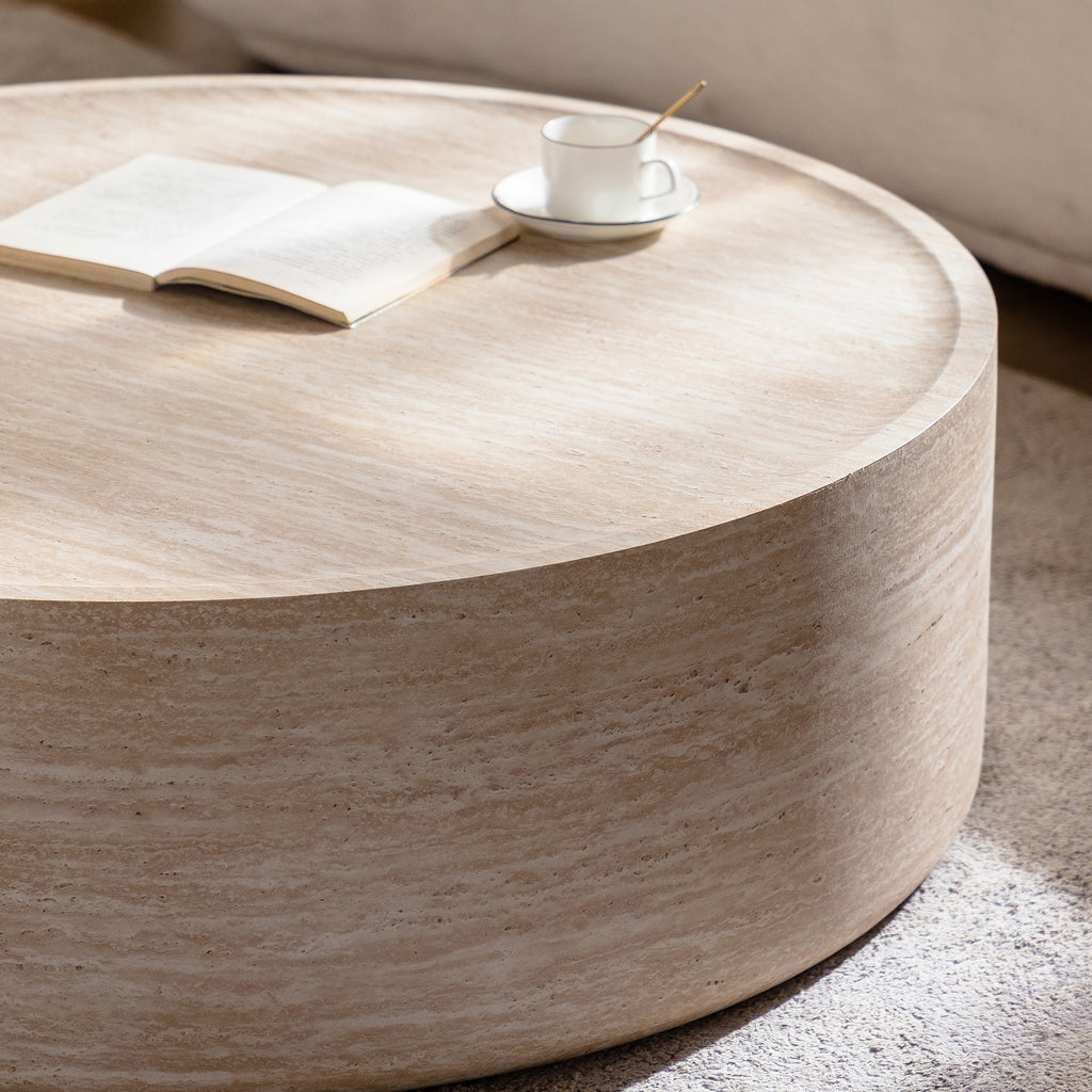 Mars Pattern Drum Coffee Table from Anthony & Home's Atelier Collection with a distinctive geometric design and smooth wooden finish.