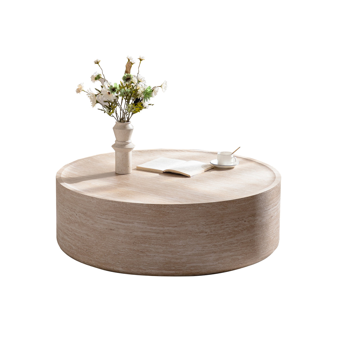Anthony & Home Mars Pattern Drum Coffee Table from the Atelier Collection, featuring a distinctive patterned wooden drum design.