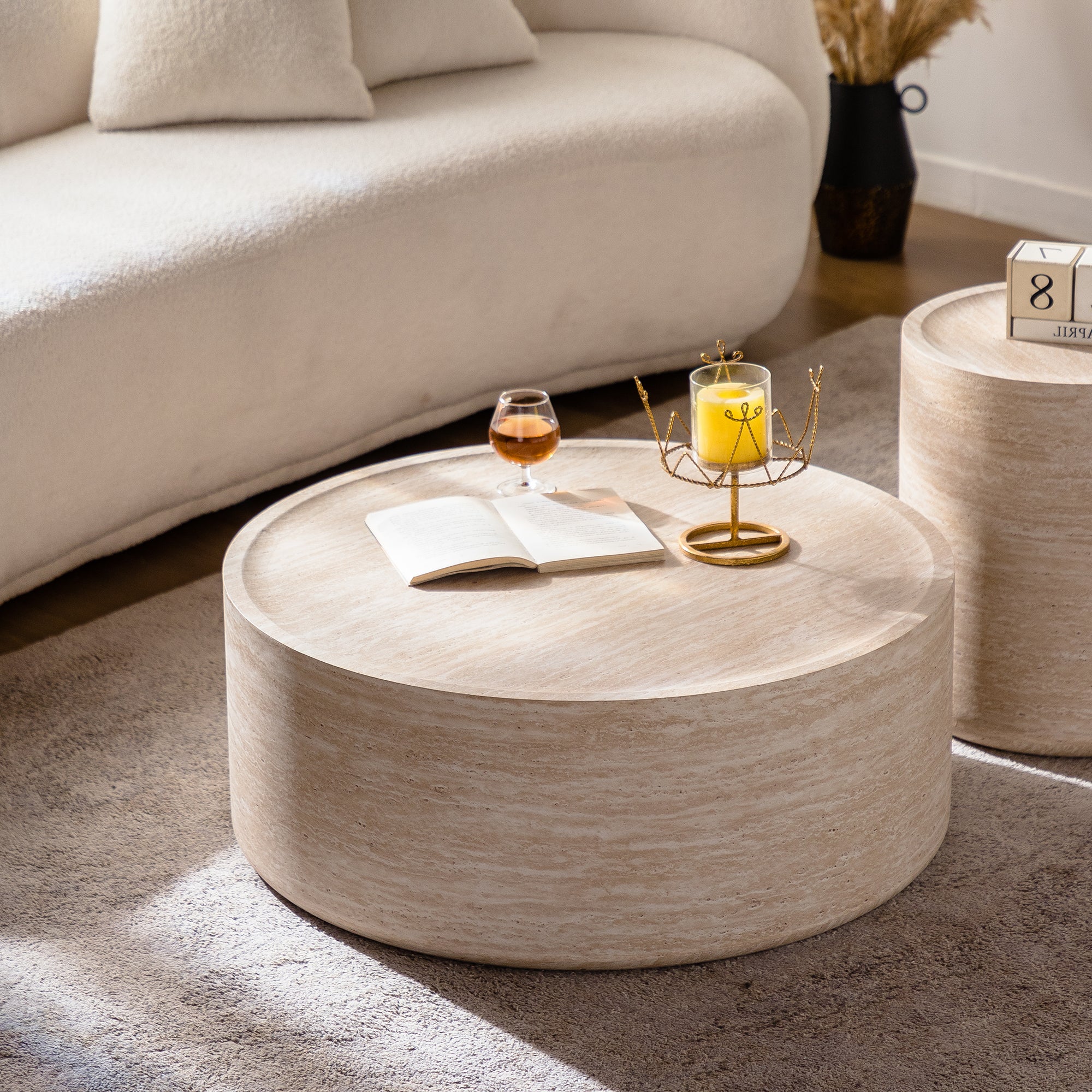 Anthony & Home Mars Pattern round drum coffee table with no assembly required, featuring a stylish Mars-inspired design.