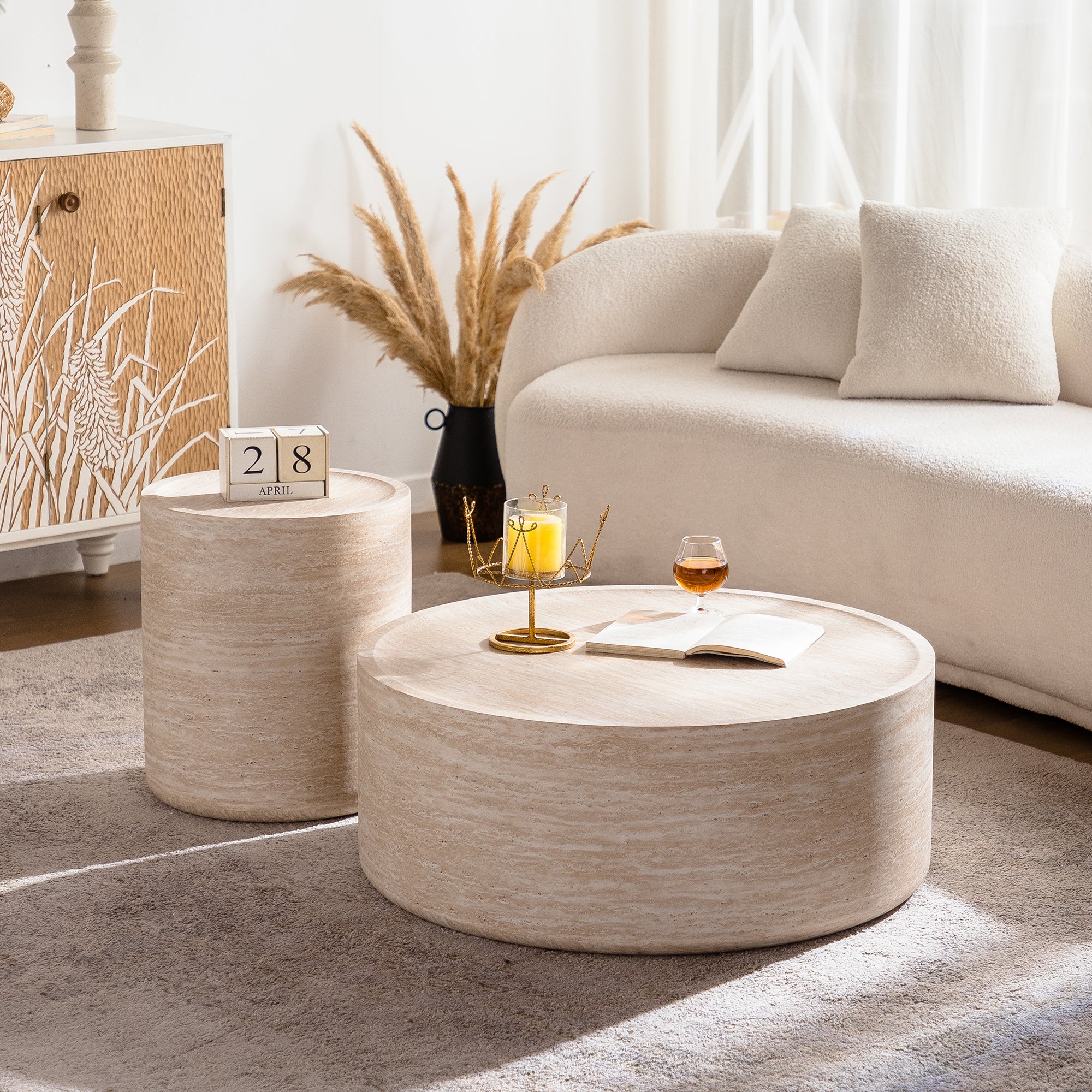 Round drum coffee table with a Mars pattern from Anthony & Home, no assembly required, featuring a stylish design in natural wood finish.