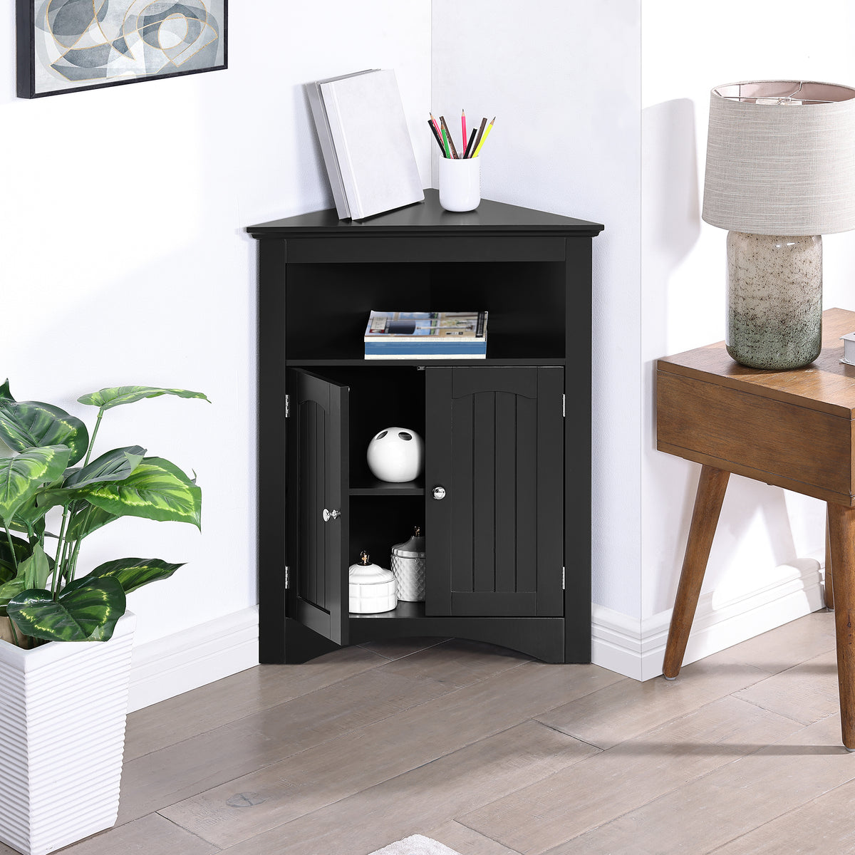 Matte black finish corner sideboard by Anthony & Home, featuring sleek modern design and ample storage space.