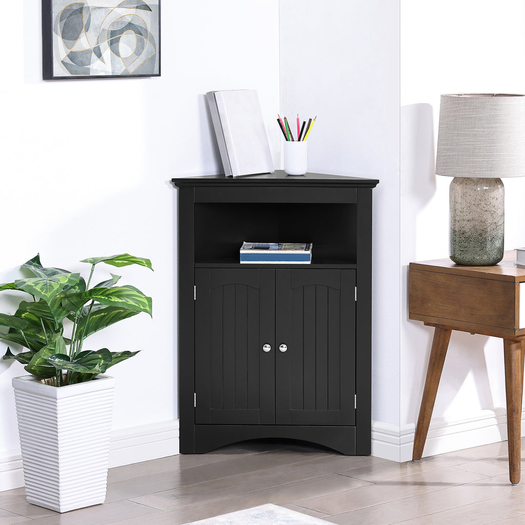 Matte black finish corner sideboard by Anthony & Home, modern wooden storage cabinet with sleek design and clean lines.
