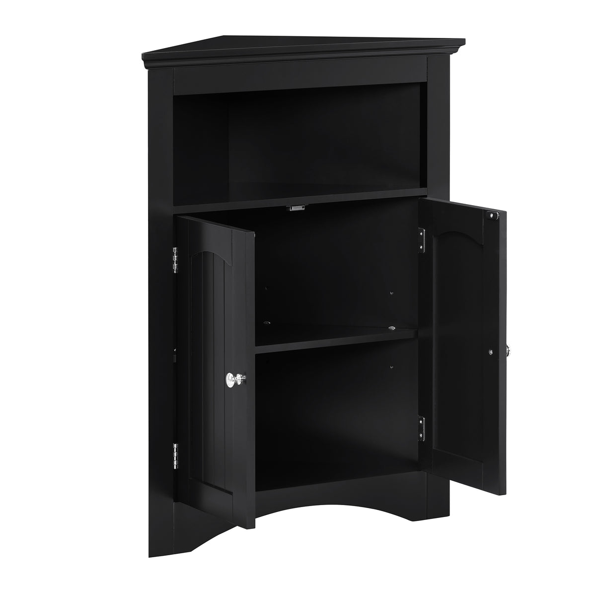 Matte black finish corner sideboard from Anthony & Home, showcasing sleek modern design with storage compartments and a smooth surface.