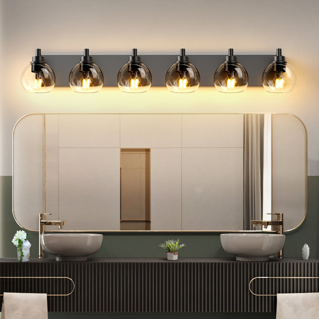 Matte black iron vanity light with glass shade, modern bathroom lighting fixture by Anthony & Home.