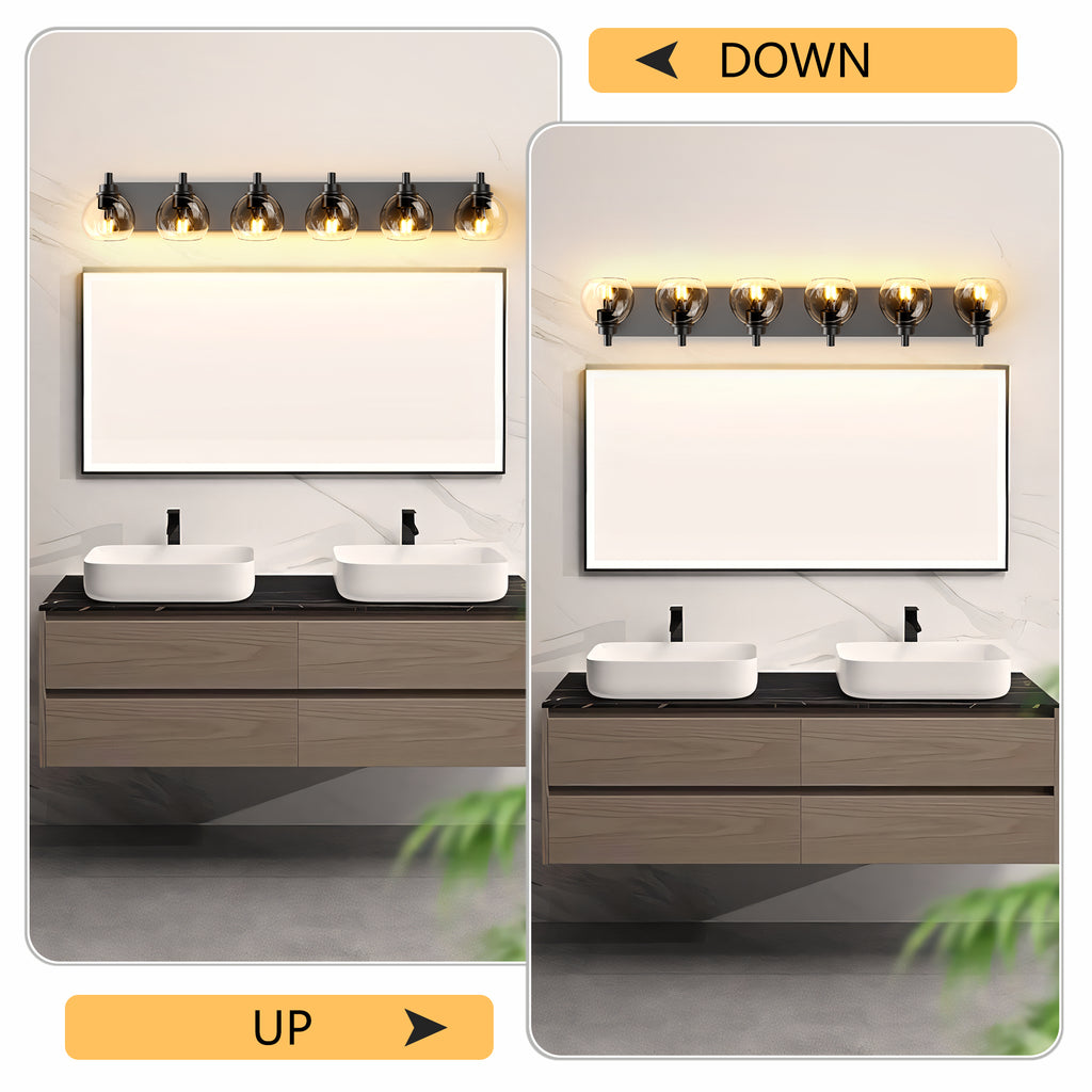 Matte black iron vanity light with glass shade by Anthony & Home, showcasing a sleek modern wall-mounted fixture.