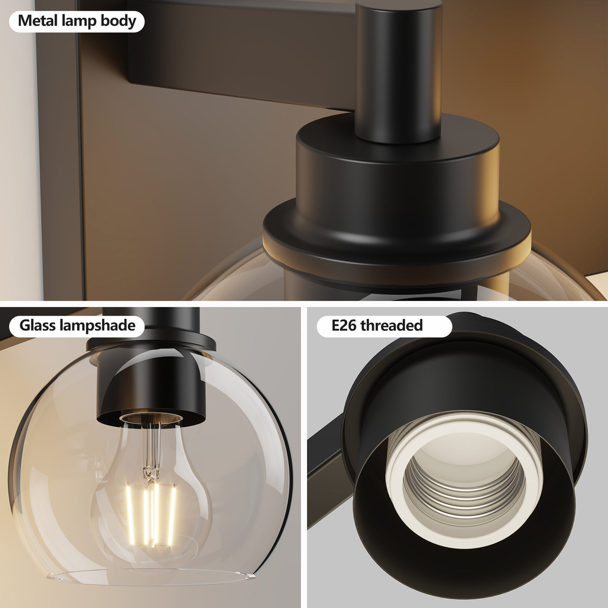 Matte black iron vanity light with glass shade, modern bathroom lighting fixture by Anthony & Home.