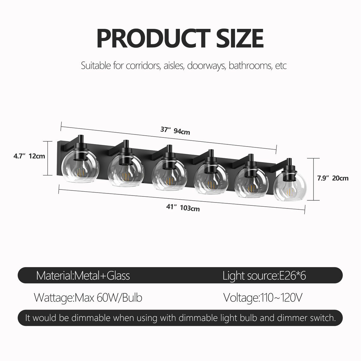 Matte black iron vanity light with glass shade from Anthony & Home, featuring a sleek modern design suitable for bathroom or hallway decor.
