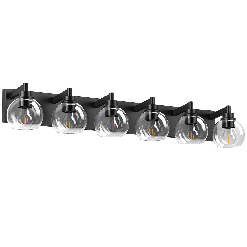 Matte black iron vanity light by Anthony & Home with a clear glass shade, wall-mounted fixture for bathroom or vanity lighting.