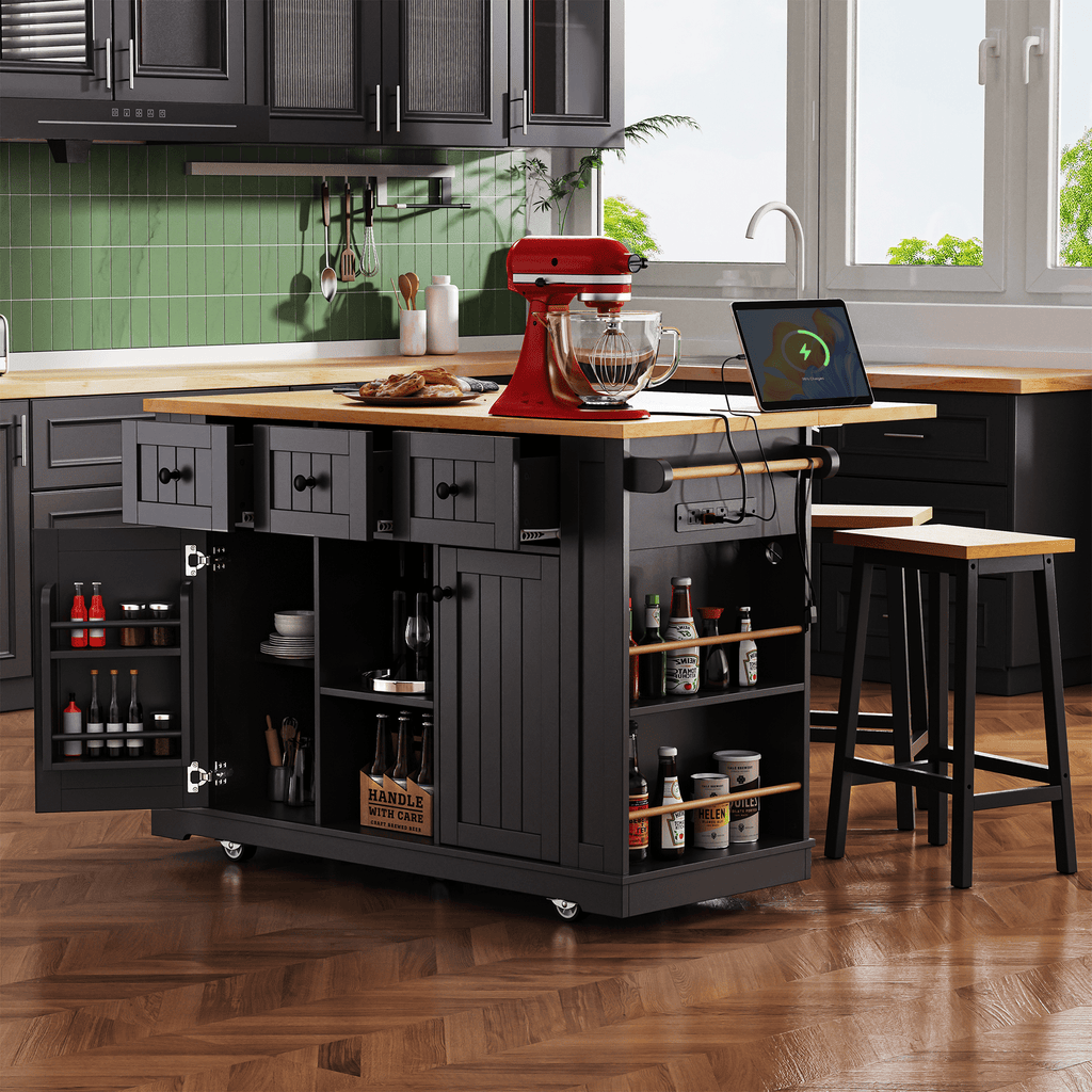 Matte black MDF kitchen island with power outlet, 53-inch size, drop-leaf design, part of the Anthony & Home Studio Collection.