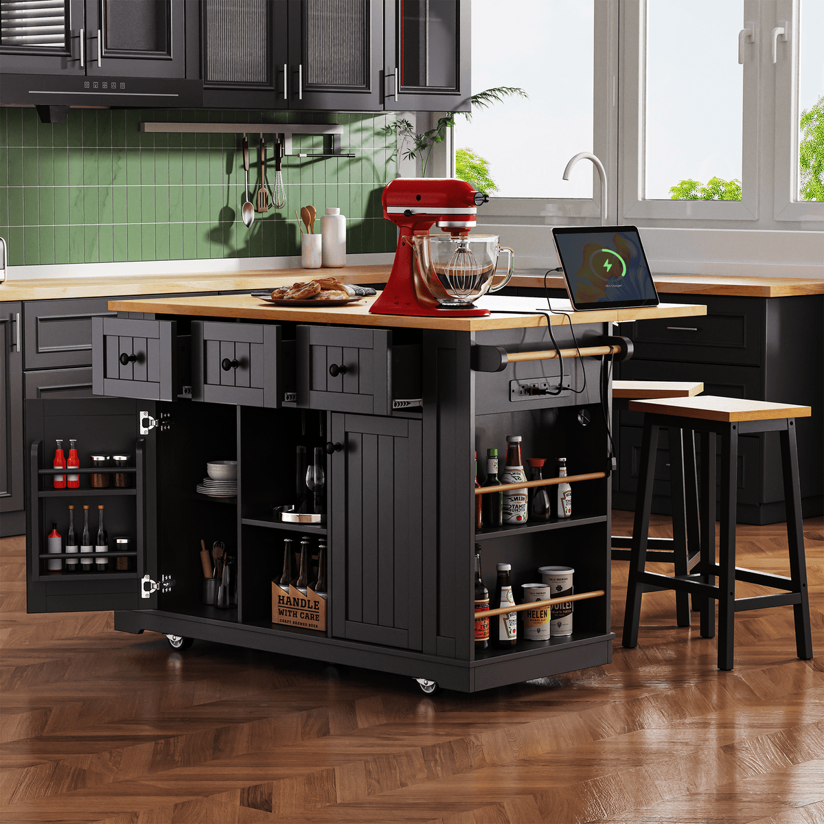 Matte black MDF kitchen island with power outlet, 53-inch size, drop-leaf design, part of the Anthony & Home Studio Collection.