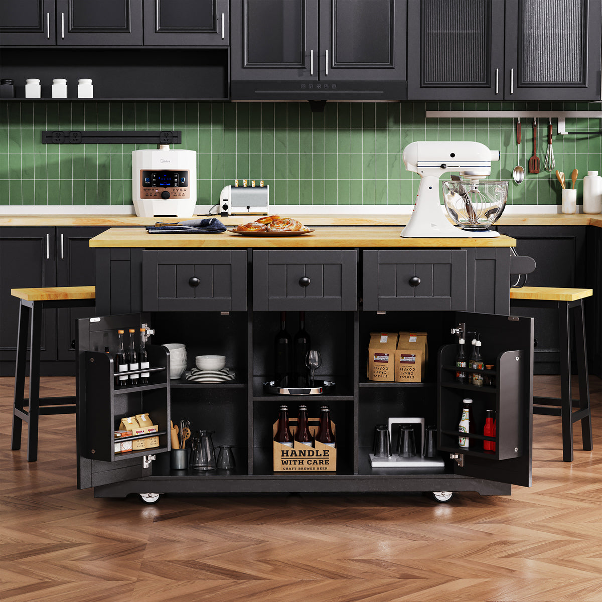 Matte black MDF kitchen island with 53-inch size, power outlet, and drop-leaf in the Studio Collection by Anthony & Home