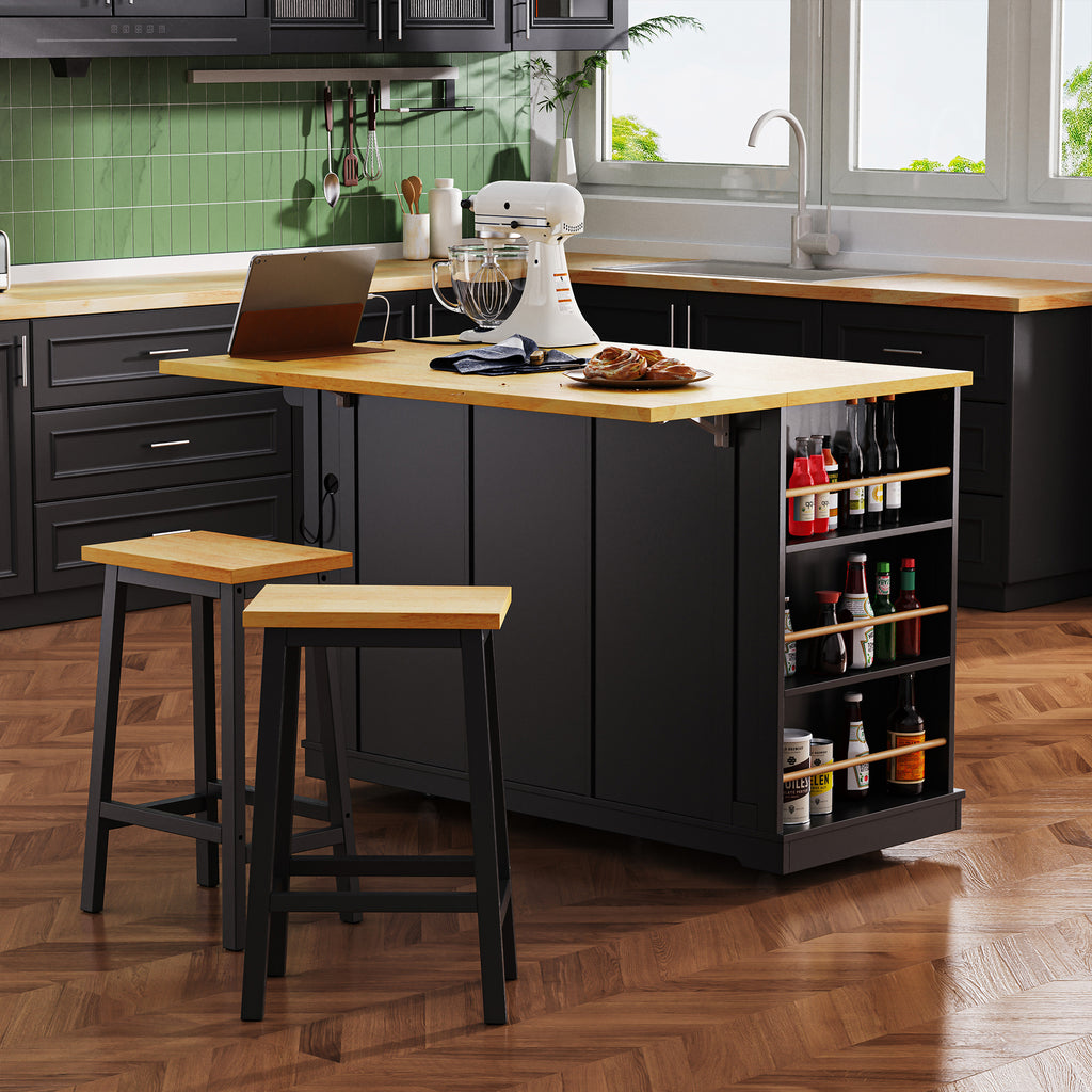 Matte black MDF kitchen island with power outlet and drop-leaf, 53-inch Studio Collection by Anthony & Home