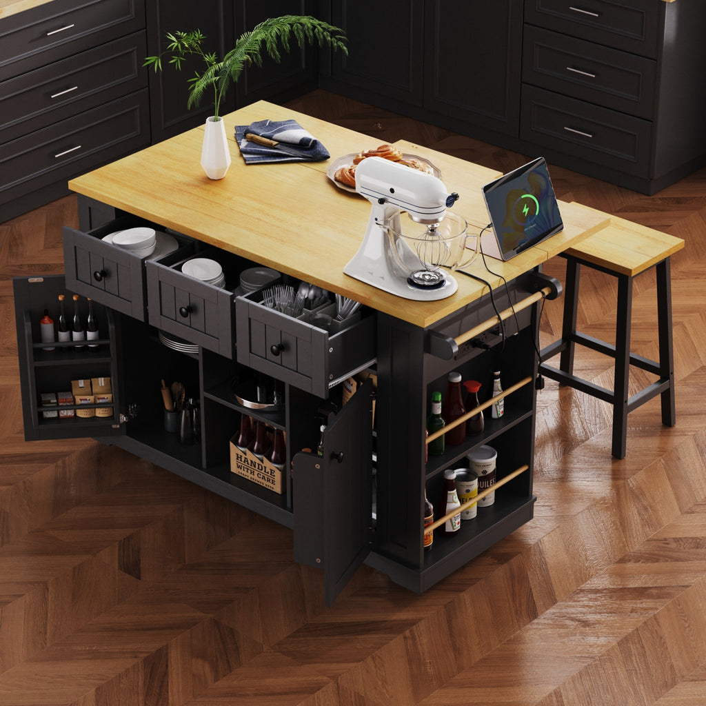 Matte black MDF kitchen island with drop-leaf, power outlet, 53-inch size, from Anthony & Home Studio Collection.