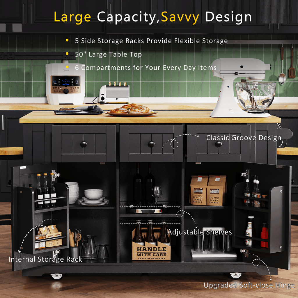 Matte black MDF kitchen island with power outlet and drop-leaf, 53-inch Studio Collection by Anthony & Home.